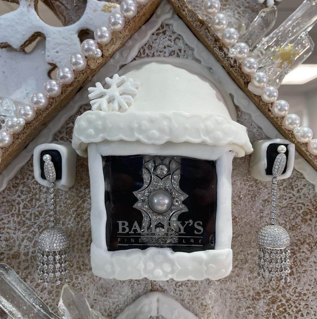 Snowy jewelry display with pearls and crystals.